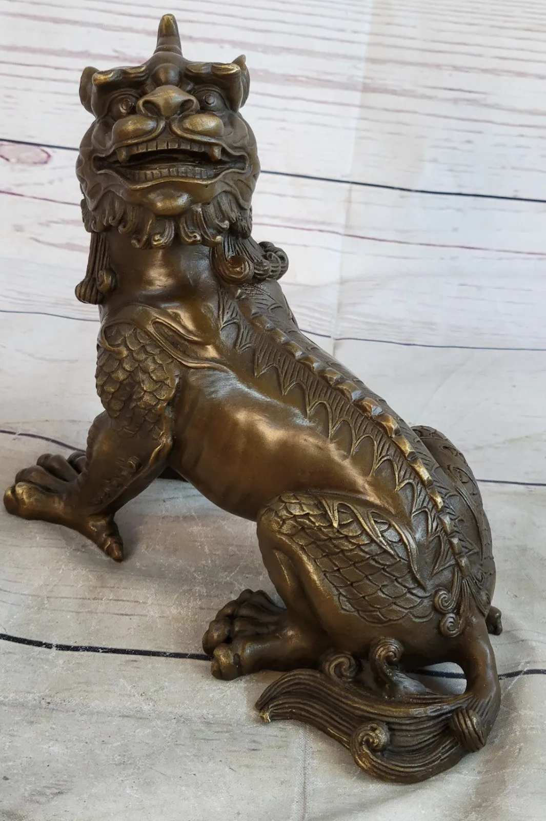 Exquisite Chinese Bronze Auspicious Lion Foo Dog Statue Signed Art