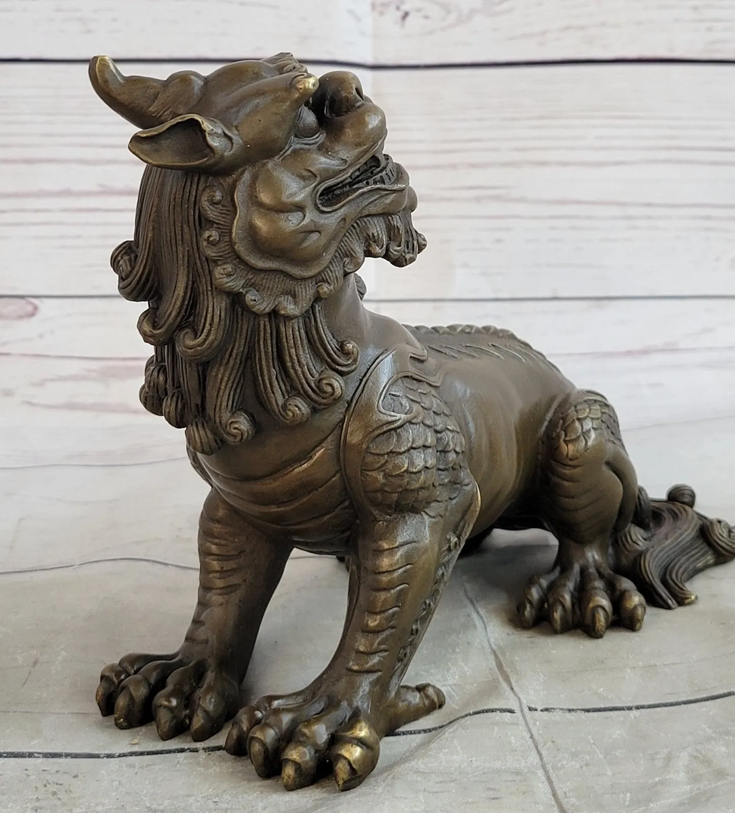 Exquisite Chinese Bronze Auspicious Lion Foo Dog Statue Signed Art