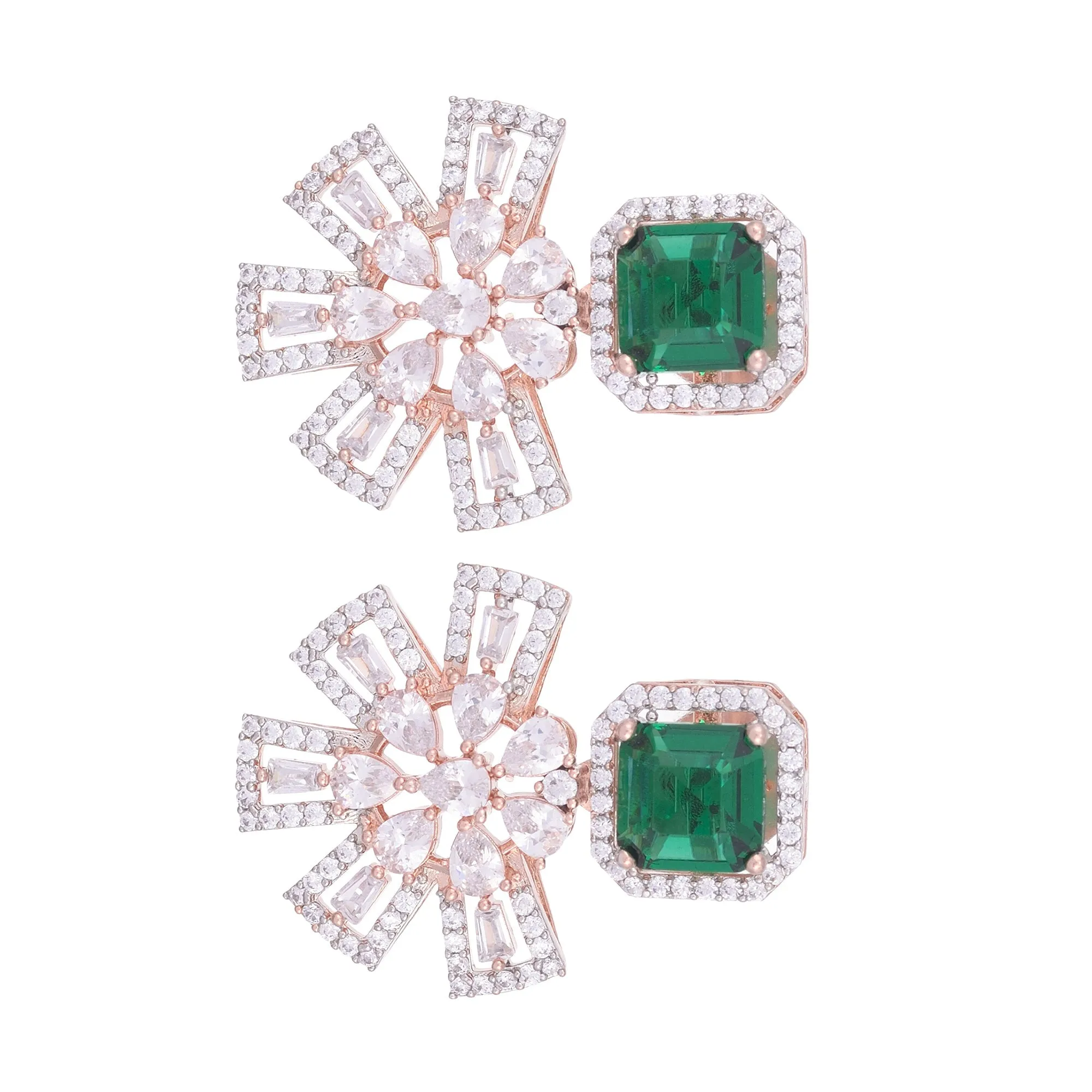 Exquisite Emerald Floral Design Green Earrings Rose Gold Plated American Diamond Studded for Women and Girls - Saraf RS Jewellery