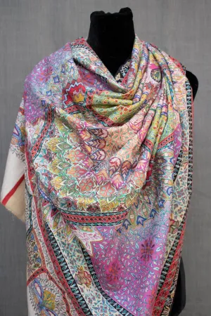 Exquisite Kalamkari Pashmina/Cashmere Shawl, Hand Painted, Hand Hook Embroidery, Hand Woven, Pure Silk Embroidery Thread