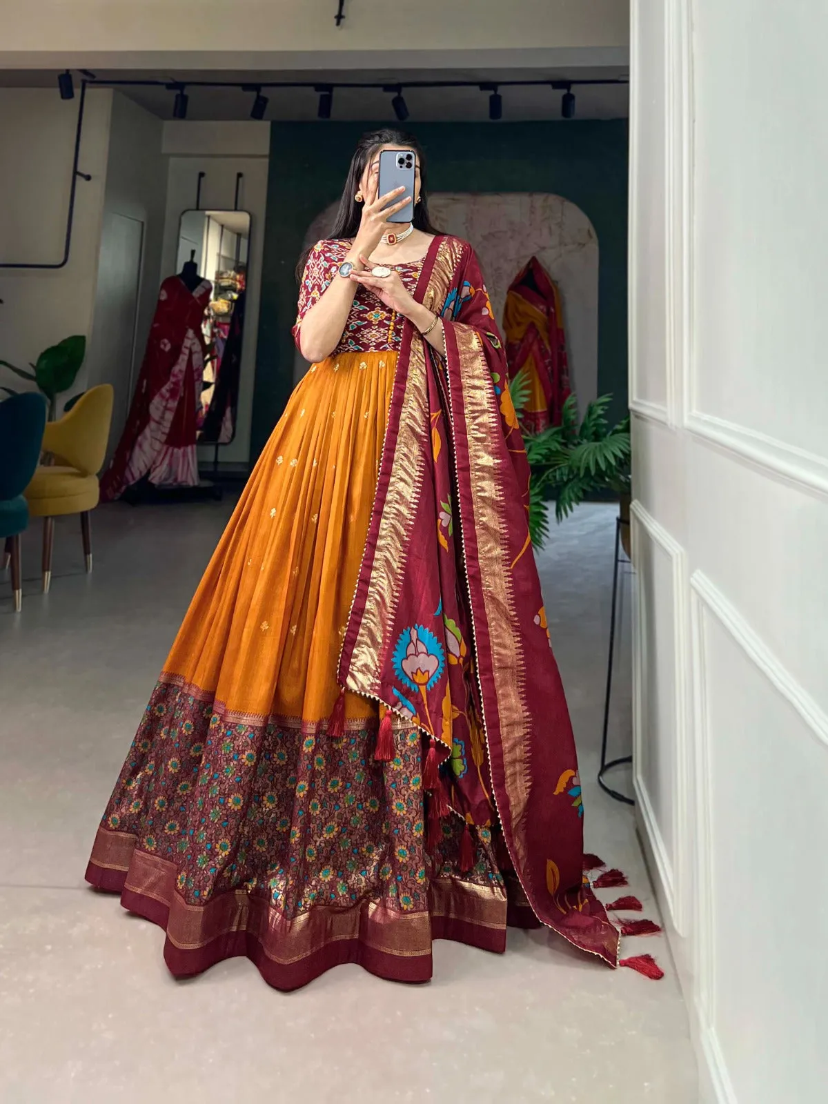 Exquisite Mustard Ready to Wear Tussar Silk Foil Print Gown with Dupatta