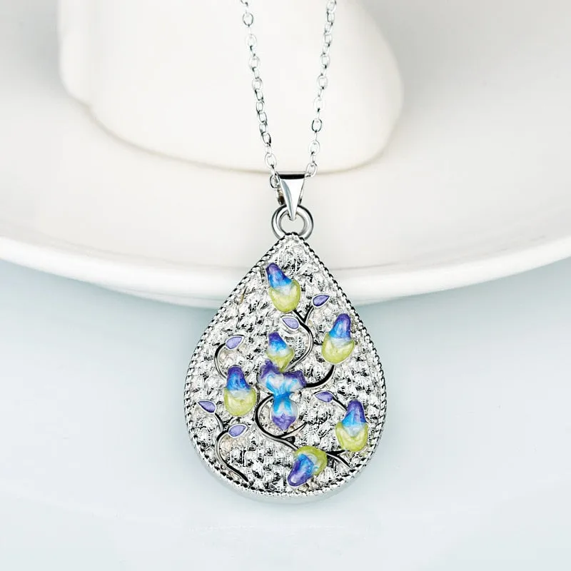 Exquisite Orchid Flower Enamel Pendant Necklaces with Zircon in 925 Sterling Silver