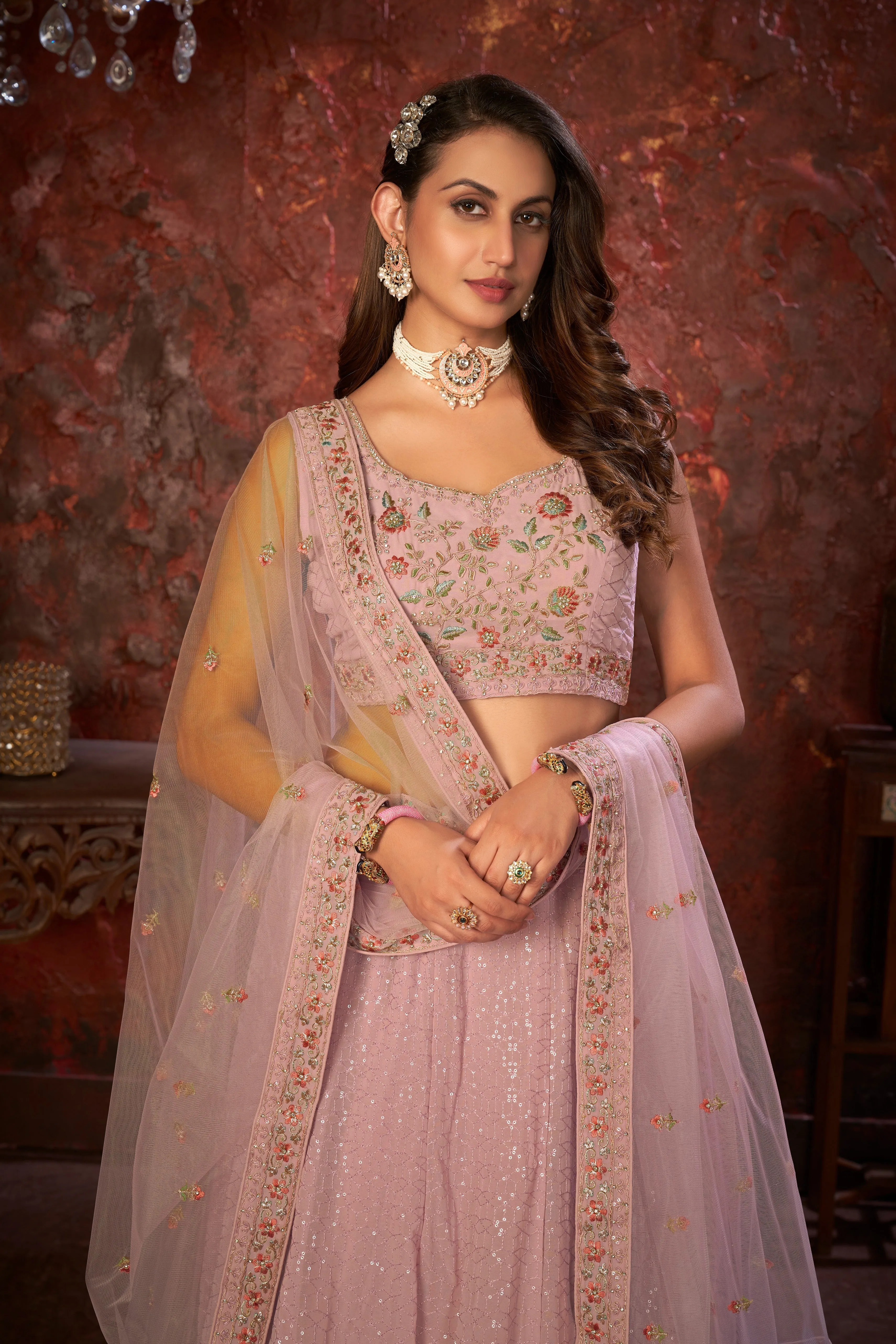 Exquisite Pink Embroidered Fox Georgette Girlish Trendy Lehenga