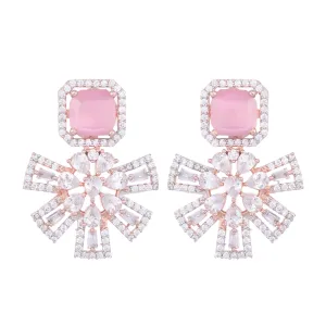 Exquisite Rose Quartz Floral Design Pink Earrings Rose Gold Plated American Diamond Studded for Women and Girls - Saraf RS Jewellery