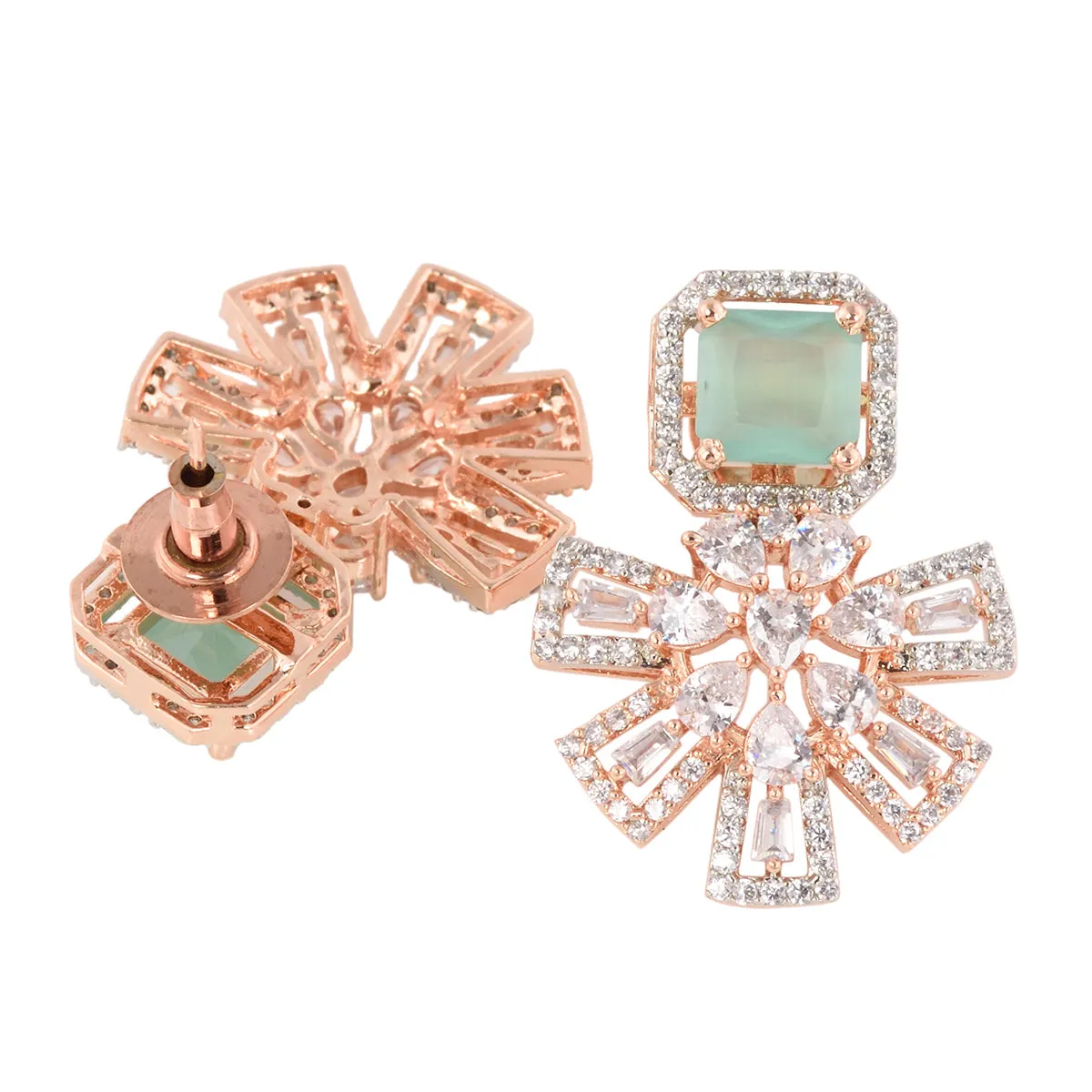 Exquisite Turquoise Floral Design Pastel Blue Earrings Rose Gold Plated American Diamond Studded for Women and Girls - Saraf RS Jewellery