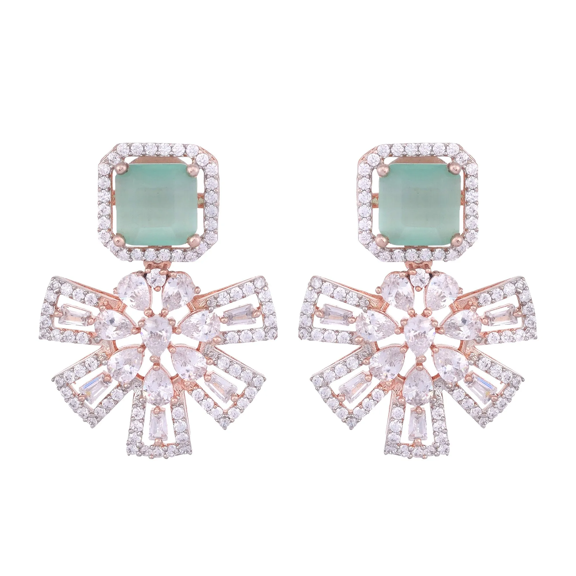 Exquisite Turquoise Floral Design Pastel Blue Earrings Rose Gold Plated American Diamond Studded for Women and Girls - Saraf RS Jewellery