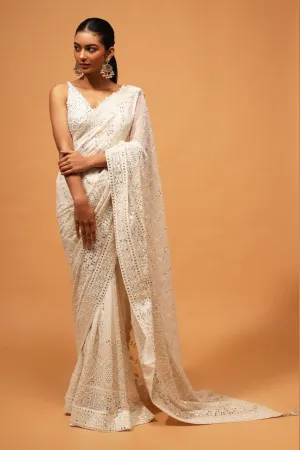 Exquisite White Designer Saree: Luxurious Georgette with Dazzling Embroidery & Sequins