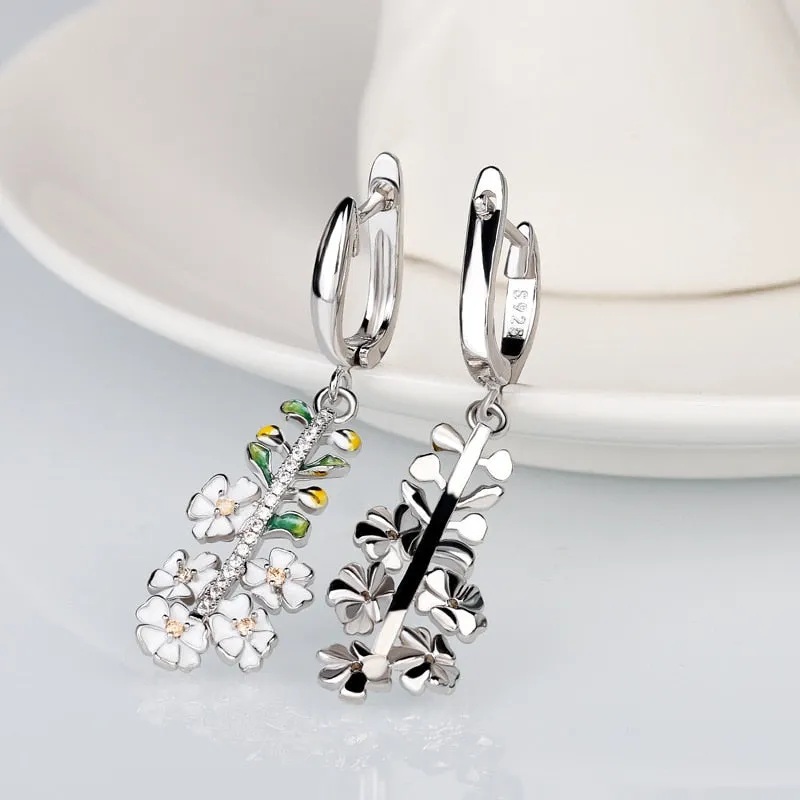 Exquisite White Flower Enamel Drop Earrings for Women with Zircon in 925 Sterling Silver