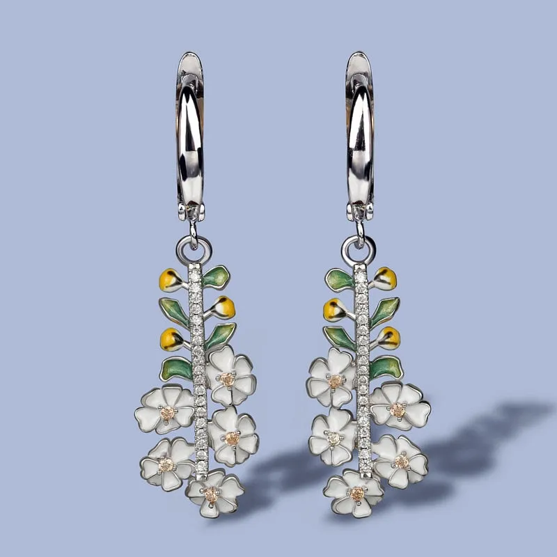 Exquisite White Flower Enamel Drop Earrings for Women with Zircon in 925 Sterling Silver