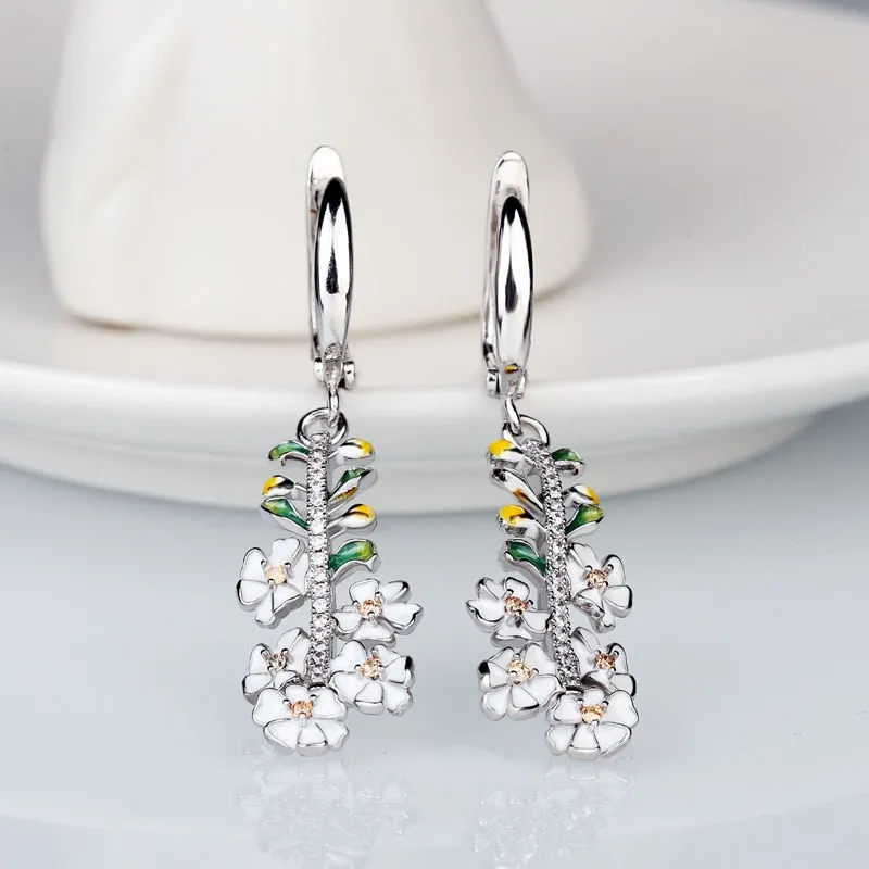 Exquisite White Flower Enamel Drop Earrings for Women with Zircon in 925 Sterling Silver