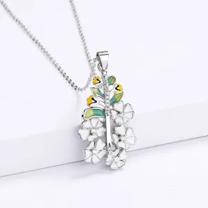 Exquisite White Flower  Enamel Pendant Necklaces with Zircon in 925 Sterling Silver