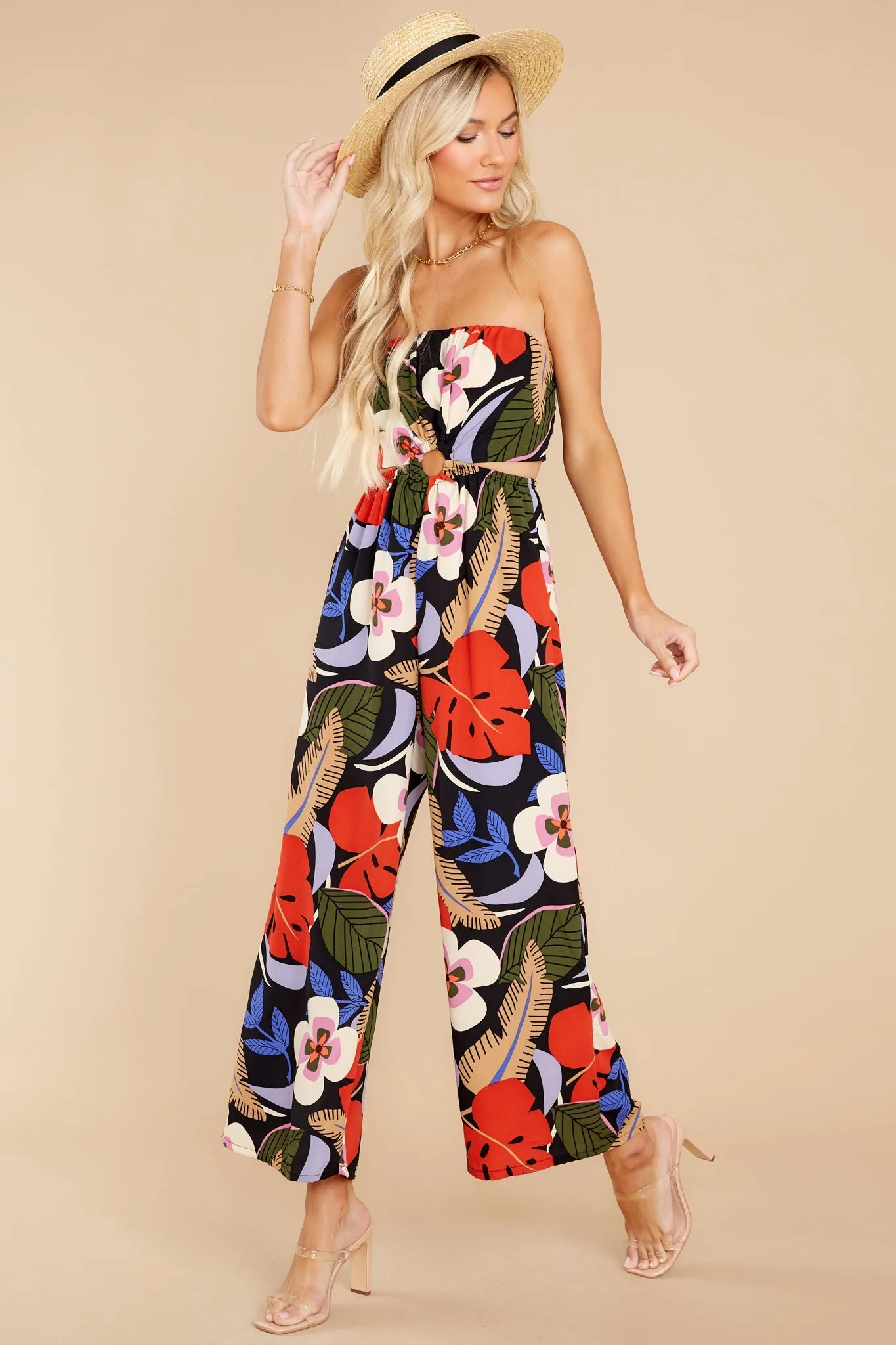 Extraordinary Feeling Black Multi Tropical Print Jumpsuit