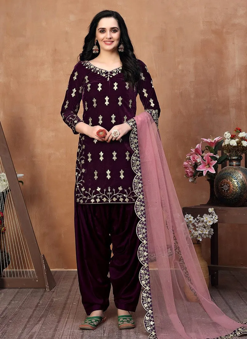 Eye-Catching Purple Embroidered Designer Velvet Patiala Suit