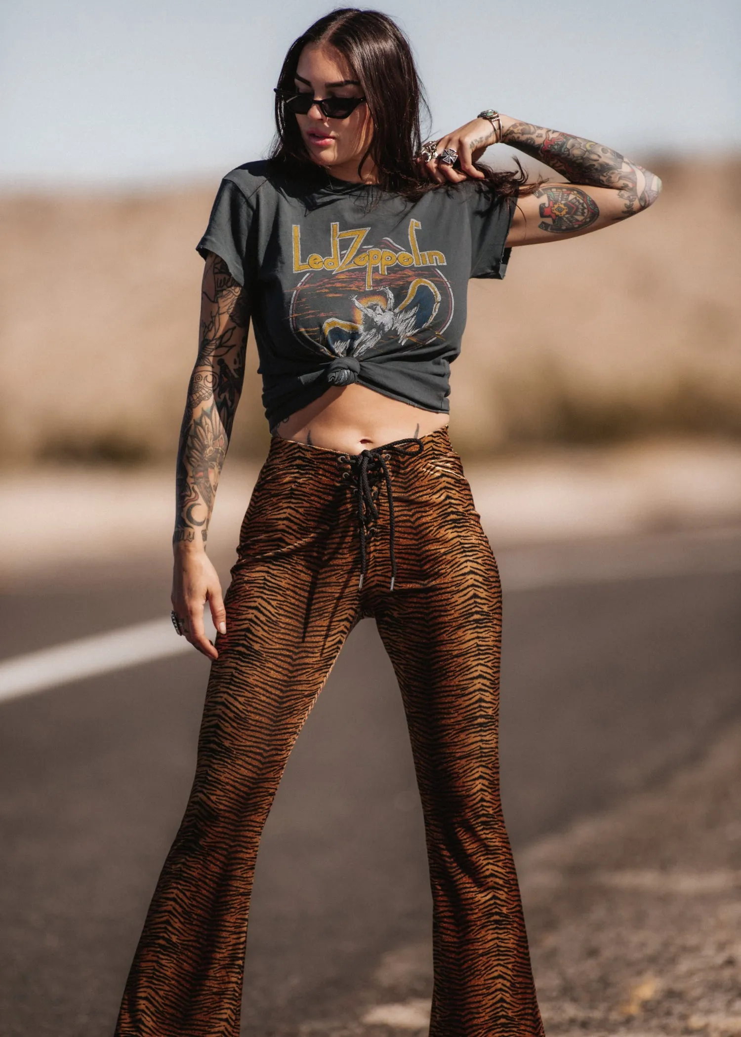 Eye of the Tiger Animal Print Velvet Flare Pants Bell Bottoms