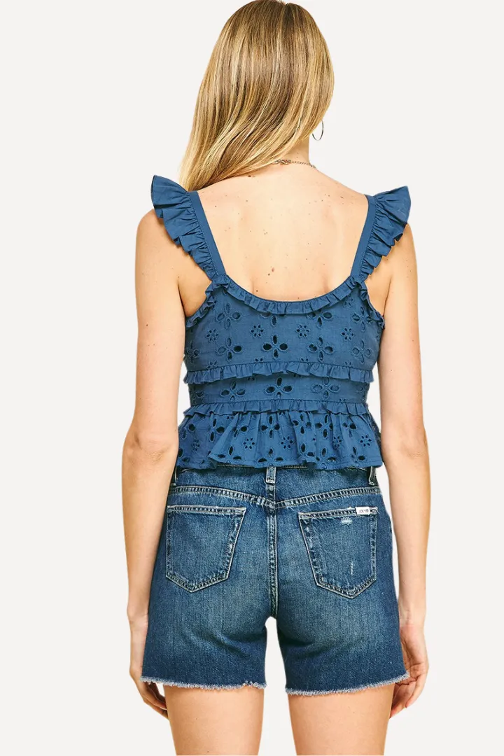 Eyelet Cropped Ruffle Tank Top