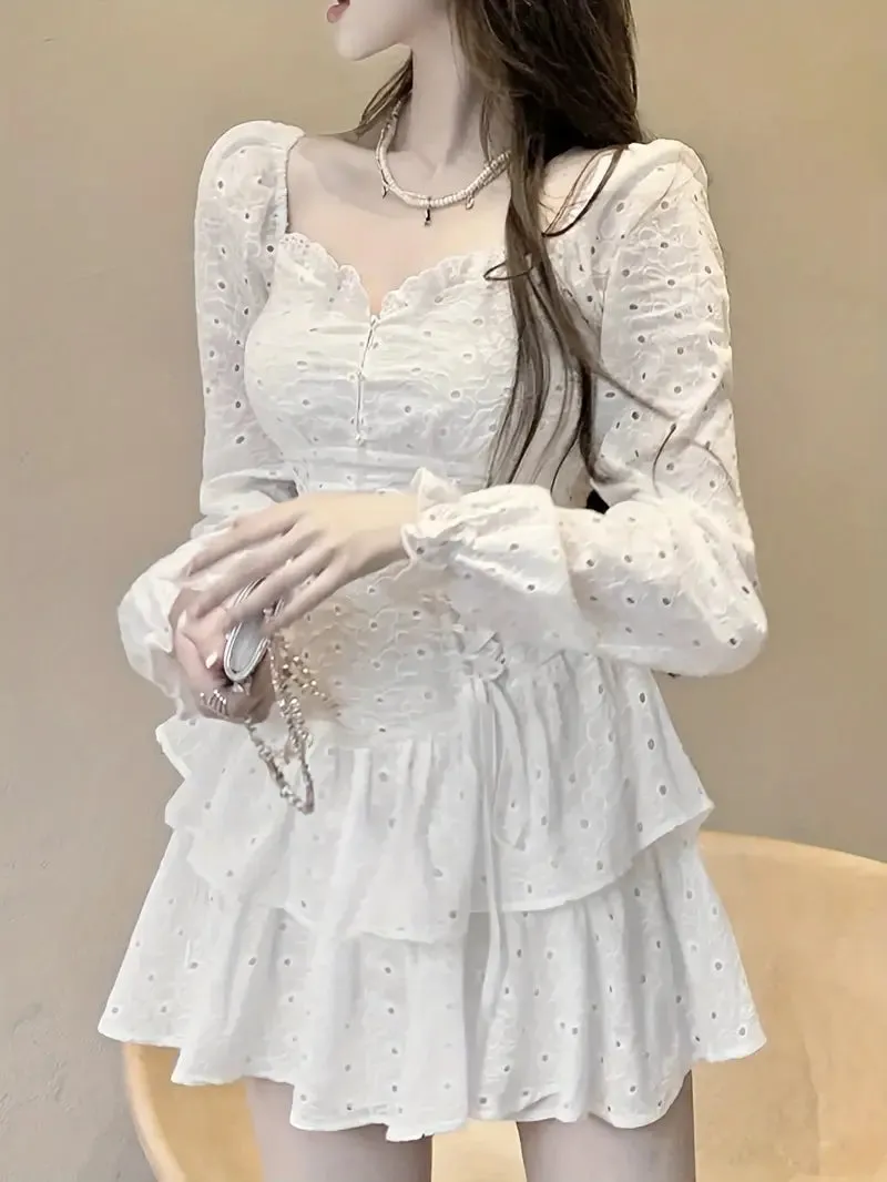 Eyelet Embroidered Flare Sleeve White Lace Layer Ruffle Dress