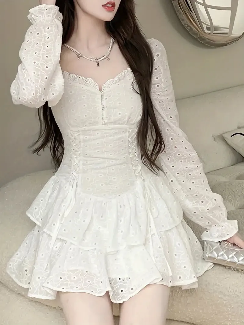 Eyelet Embroidered Flare Sleeve White Lace Layer Ruffle Dress