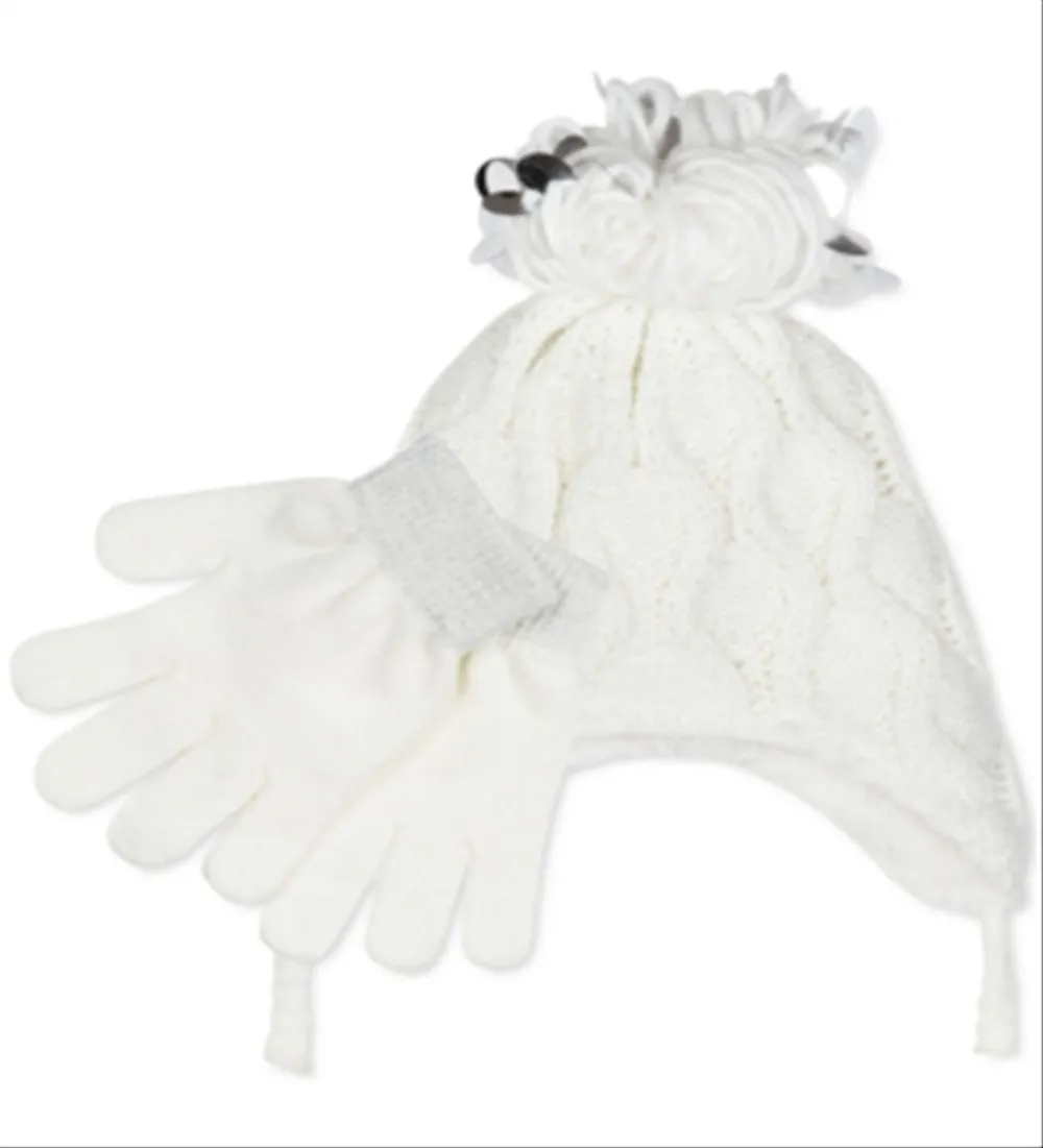 Fab Big Girl's 2 Pc Popcorn-Knit Heidi Hat & Gloves Set White One Size