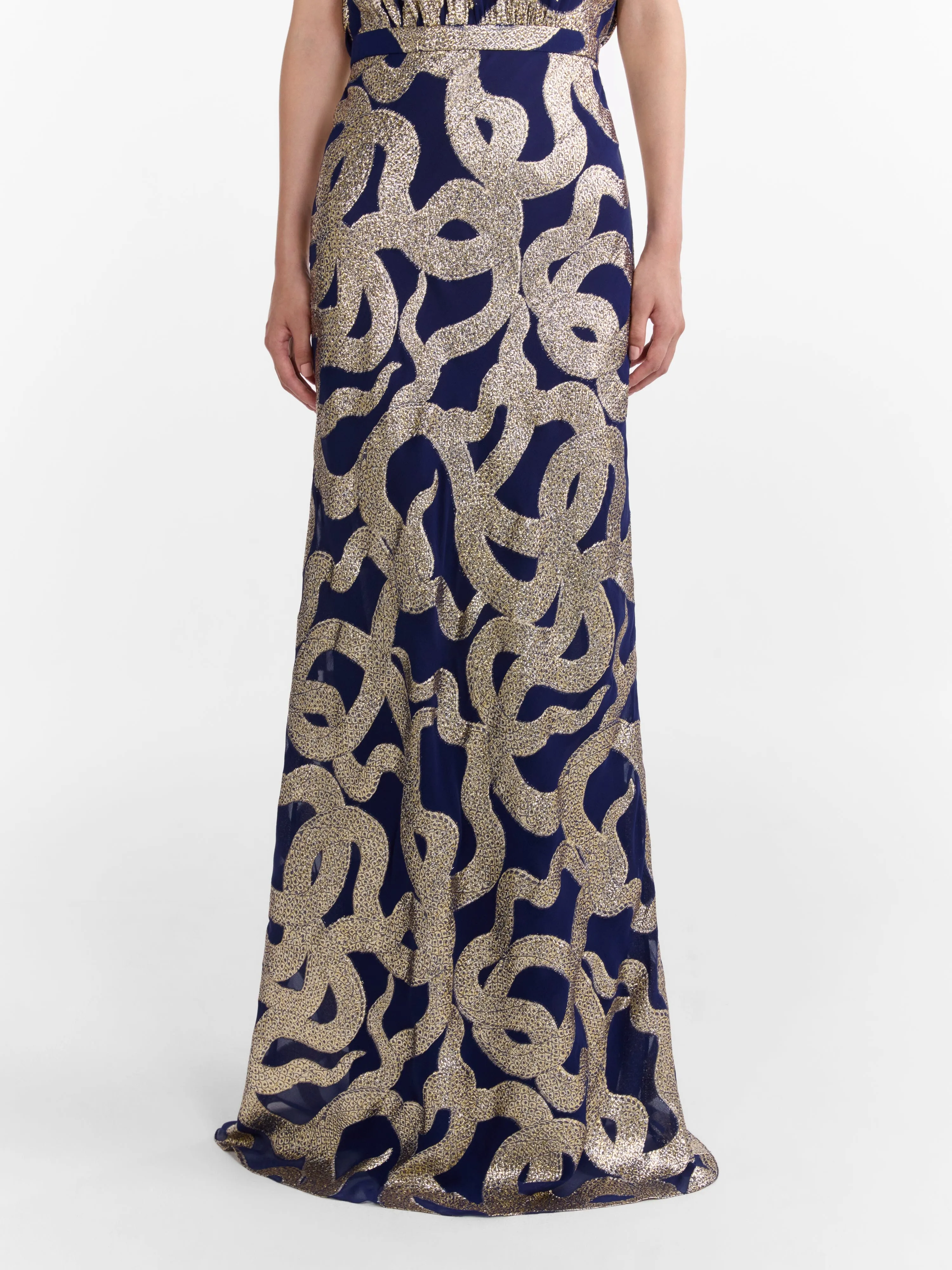 Fabienne Long C Dress in Navy Jet Adder Embroidery