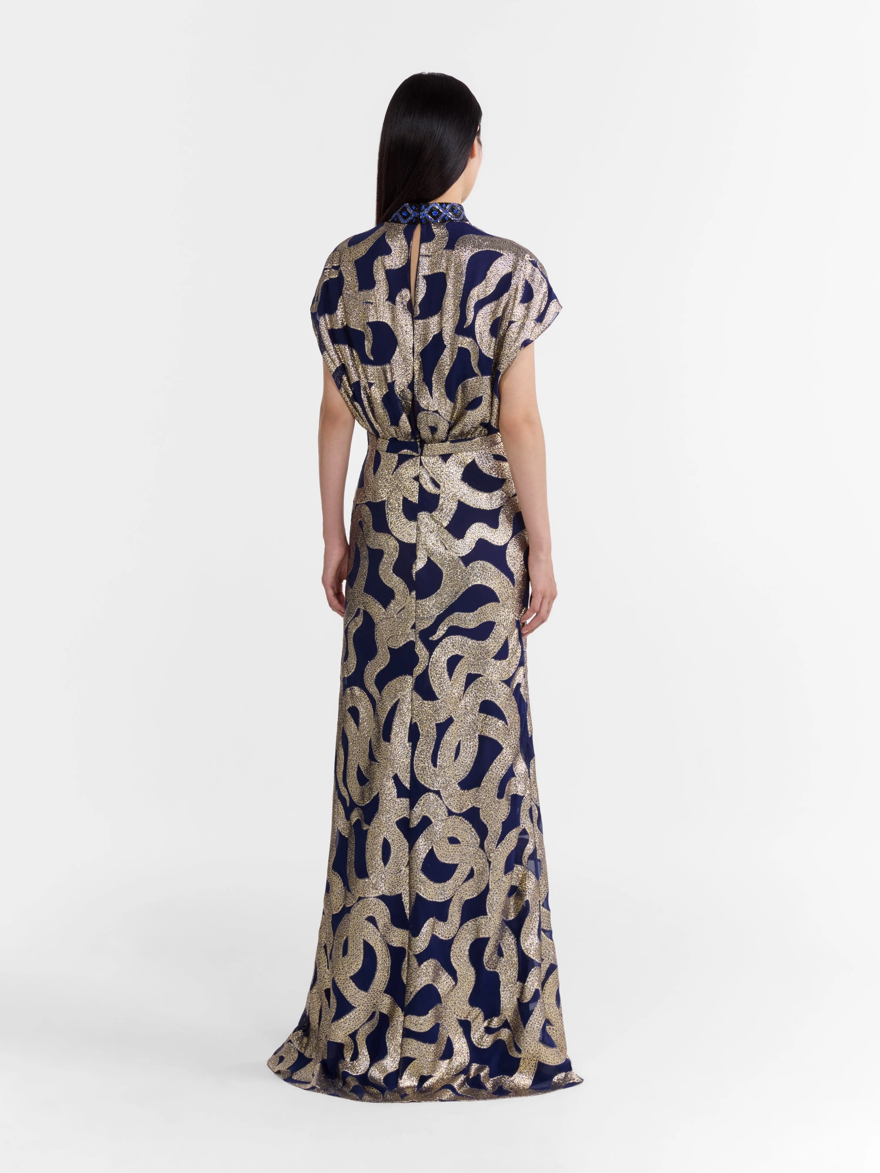 Fabienne Long C Dress in Navy Jet Adder Embroidery