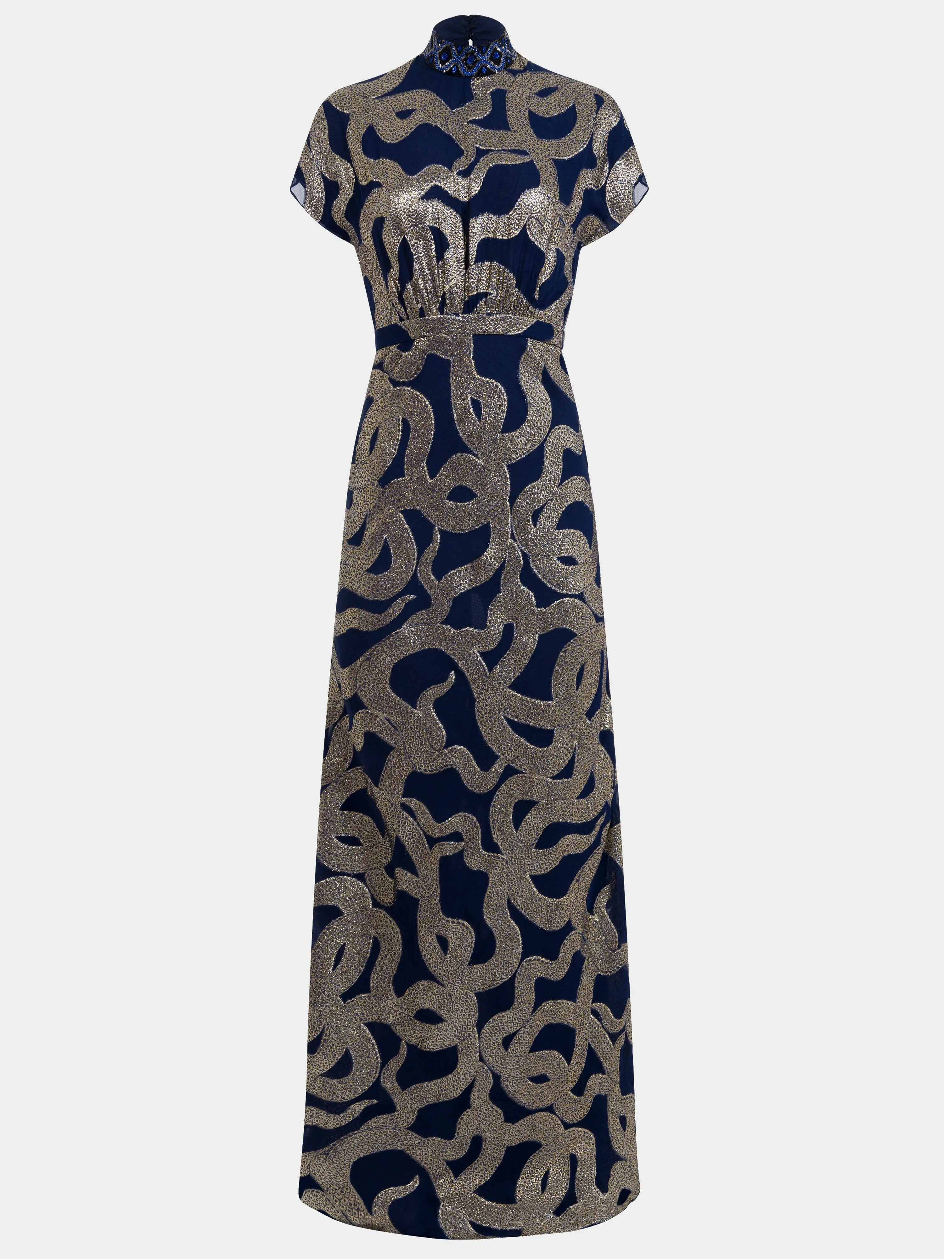 Fabienne Long C Dress in Navy Jet Adder Embroidery