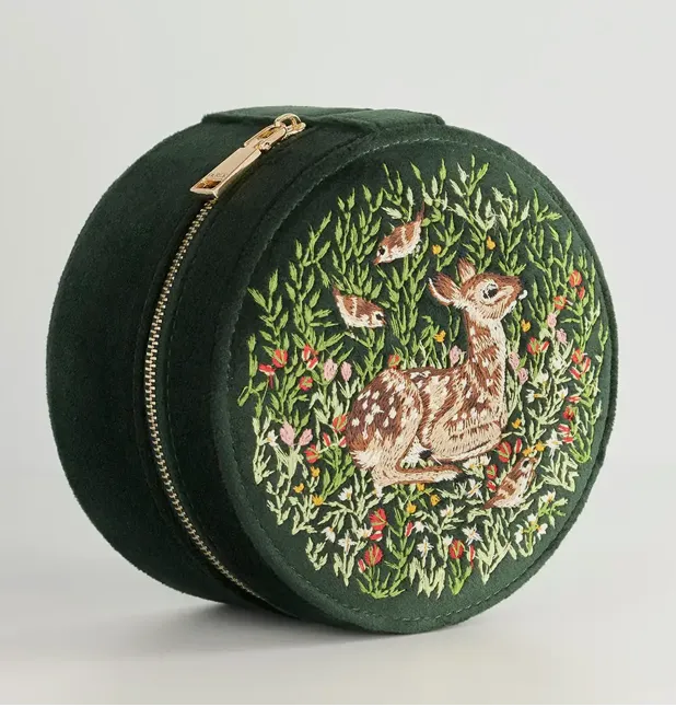 Fable Chloe Fawn Embroidered Jewelry Box Green