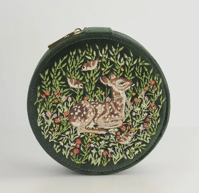 Fable Chloe Fawn Embroidered Jewelry Box Green