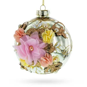 Fabric Flowers On Glass Ball - Artistic Blown Glass Christmas Ornaments Ornament