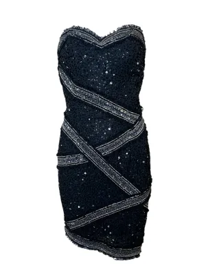 Fabrice 80s Black Strapless Beaded Mini Cocktail Dress