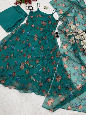 Fabulous Flower Print Green Color Anarkali Suit