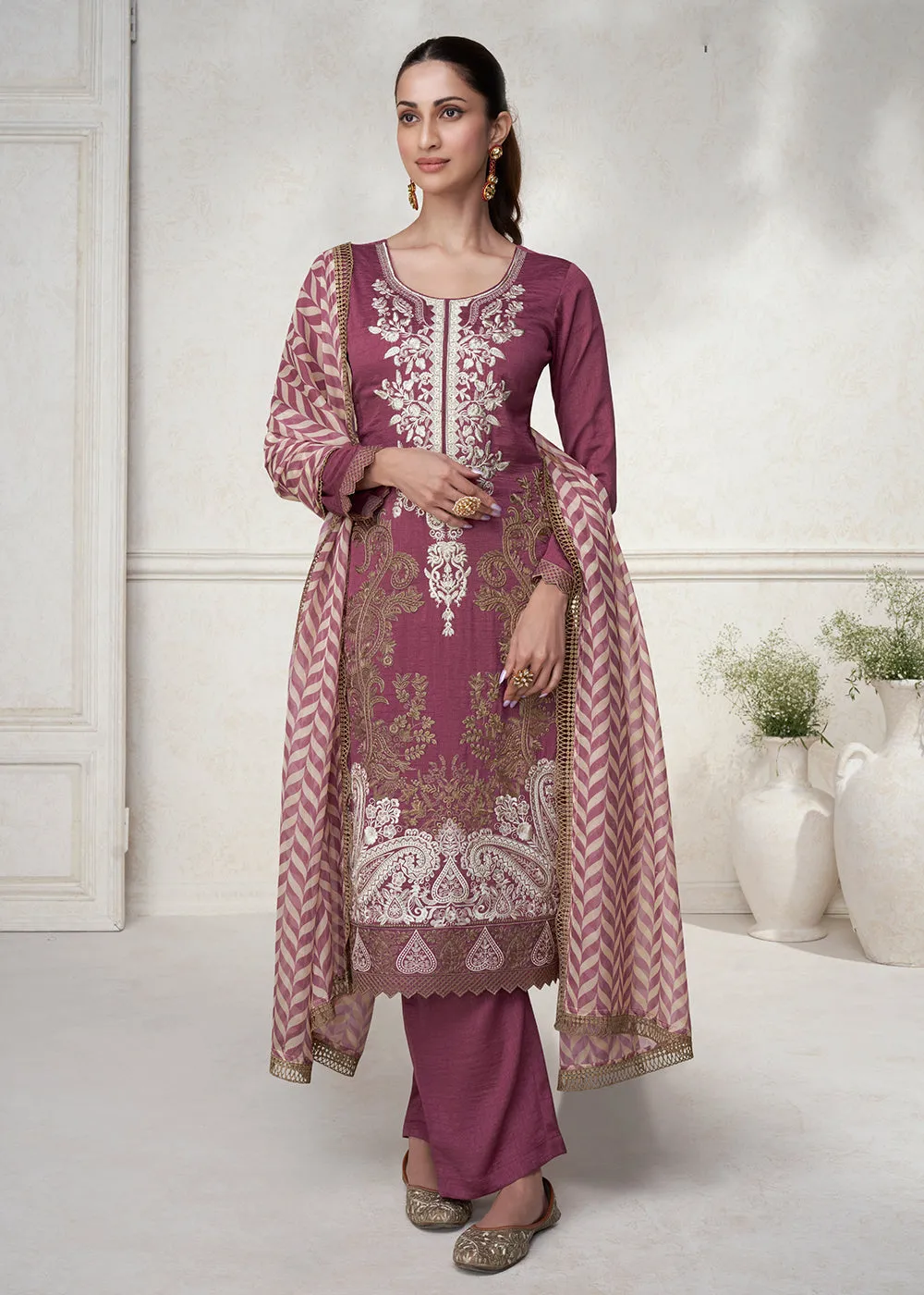 Fabulous Pink Floral Embroidered Silk Wedding Salwar Suit