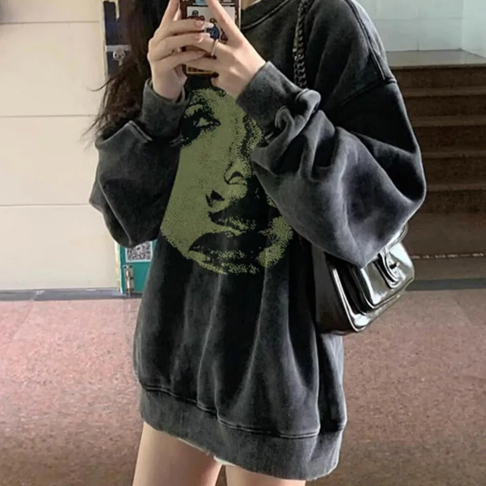 Face Print Grunge Oversized Sweatshirt