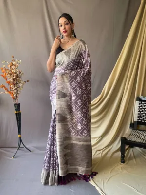 Faded Purple Saree in Cotton Silk Patola Printed Temple Woven