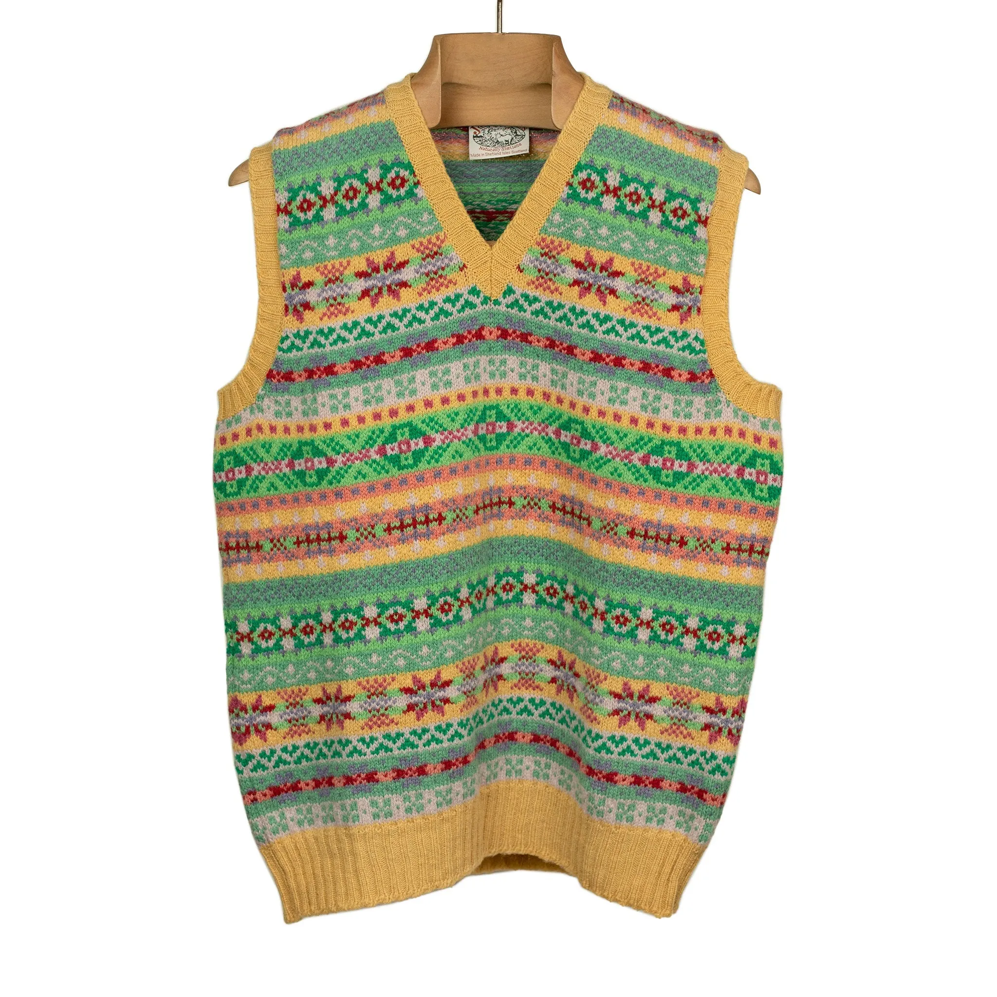 Fair Isle v-neck sweater vest, mango, cherry red, mint green, and pink (restock)