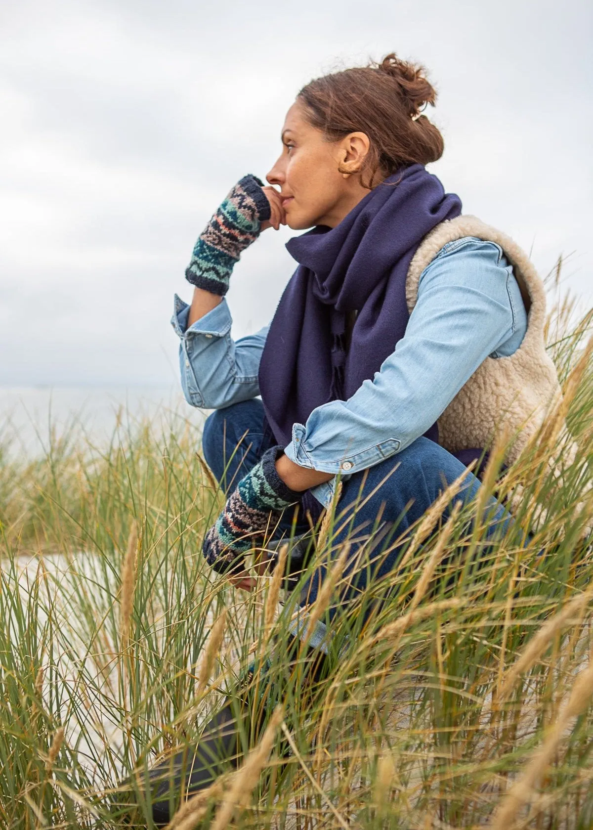 Fair Isle Wrist Warmers - Navy/Grey