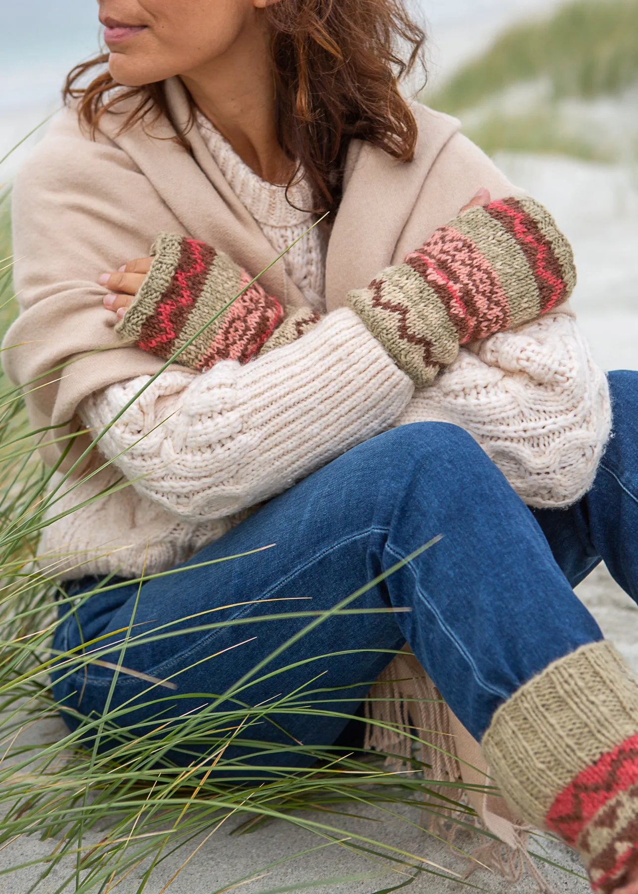 Fair Isle Wrist Warmers - Pink/Stone