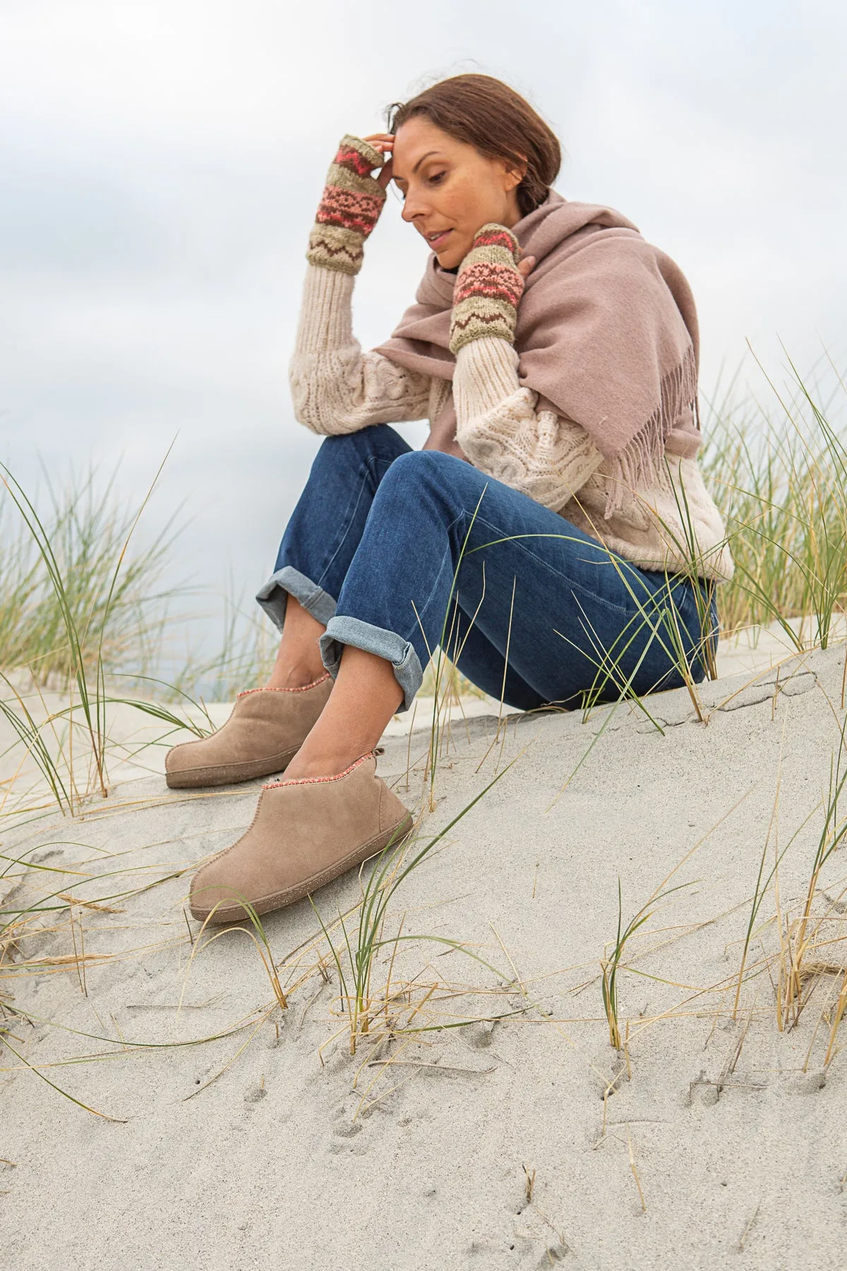 Fair Isle Wrist Warmers - Pink/Stone