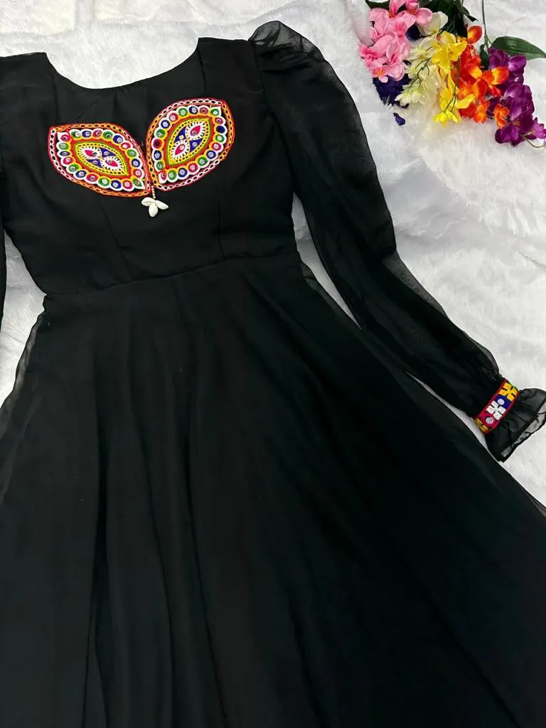 Fairy Look Mirror Work Black Color Anarkali Gown