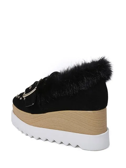 Fairy Tale Strap Platform Shoes with Faux Fur Trim