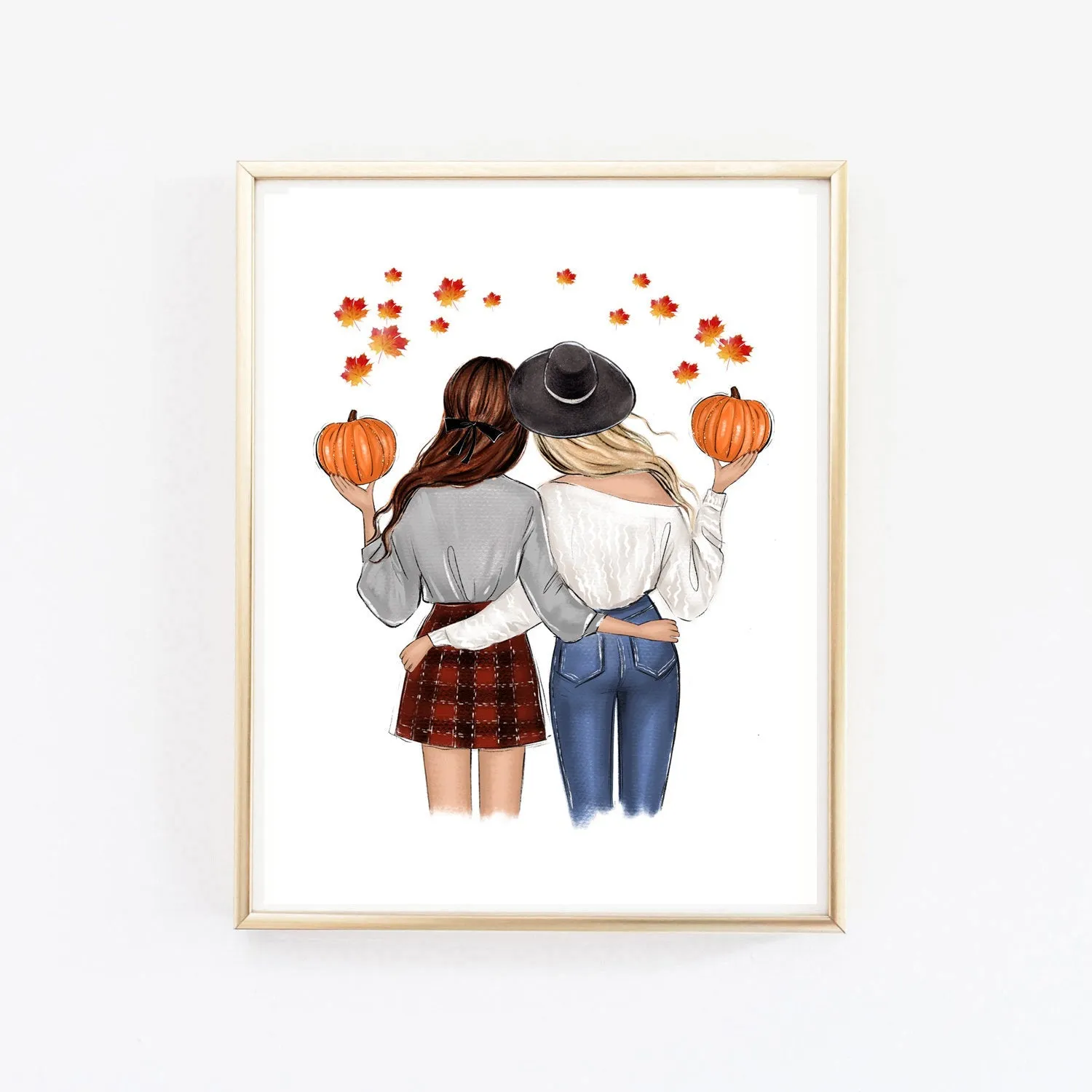 Fall fashion illustration art print of a girlfriends with pumpkins