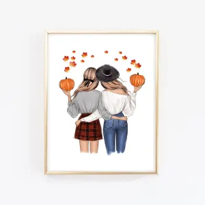 Fall fashion illustration art print of a girlfriends with pumpkins