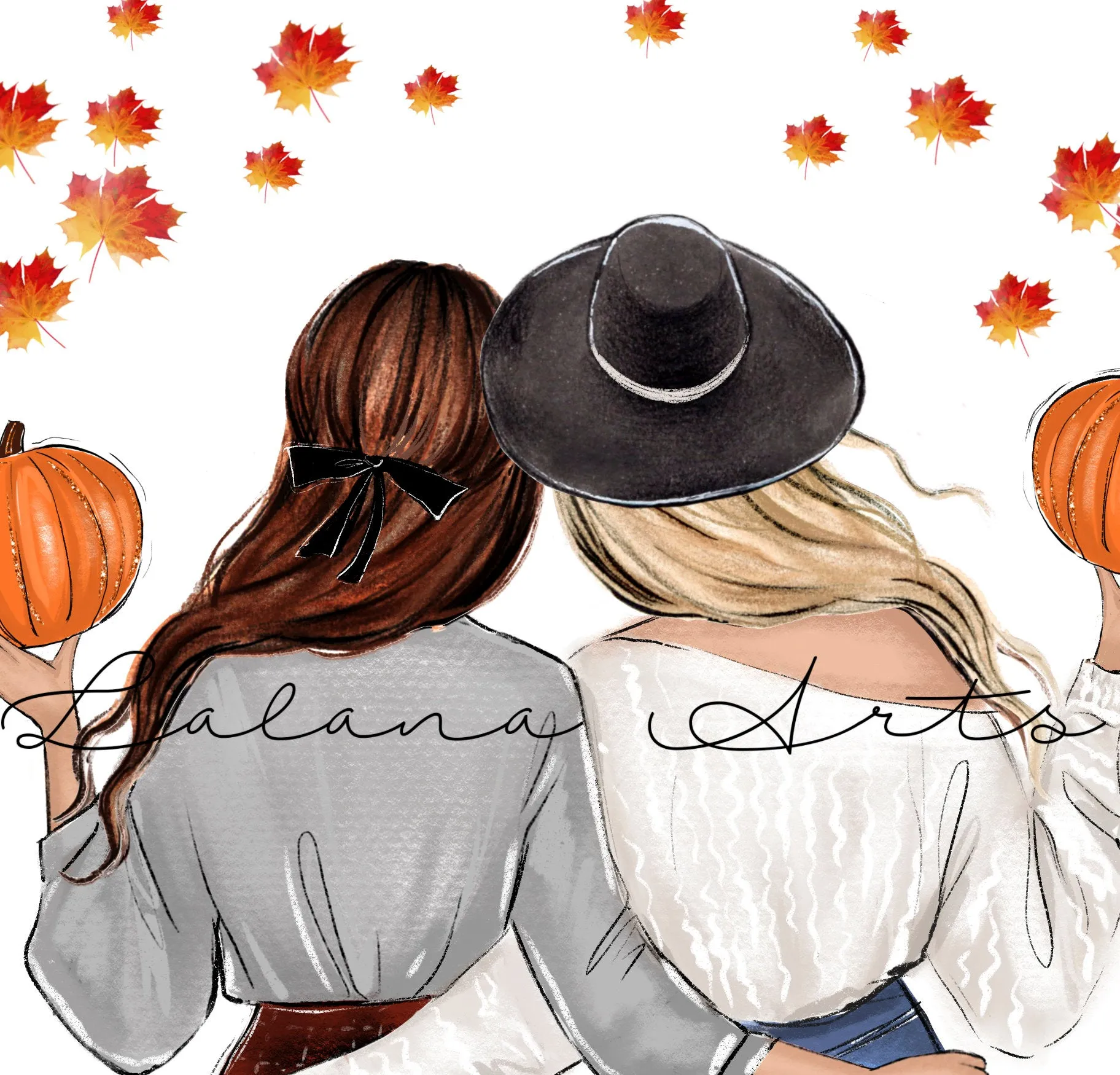 Fall fashion illustration art print of a girlfriends with pumpkins