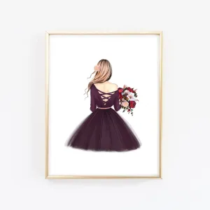 Fall fashion illustration art print of a lady with autumn bouquet.