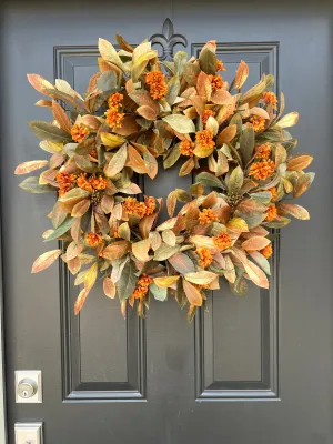 Fall Foliage and Orange Mum Wreath