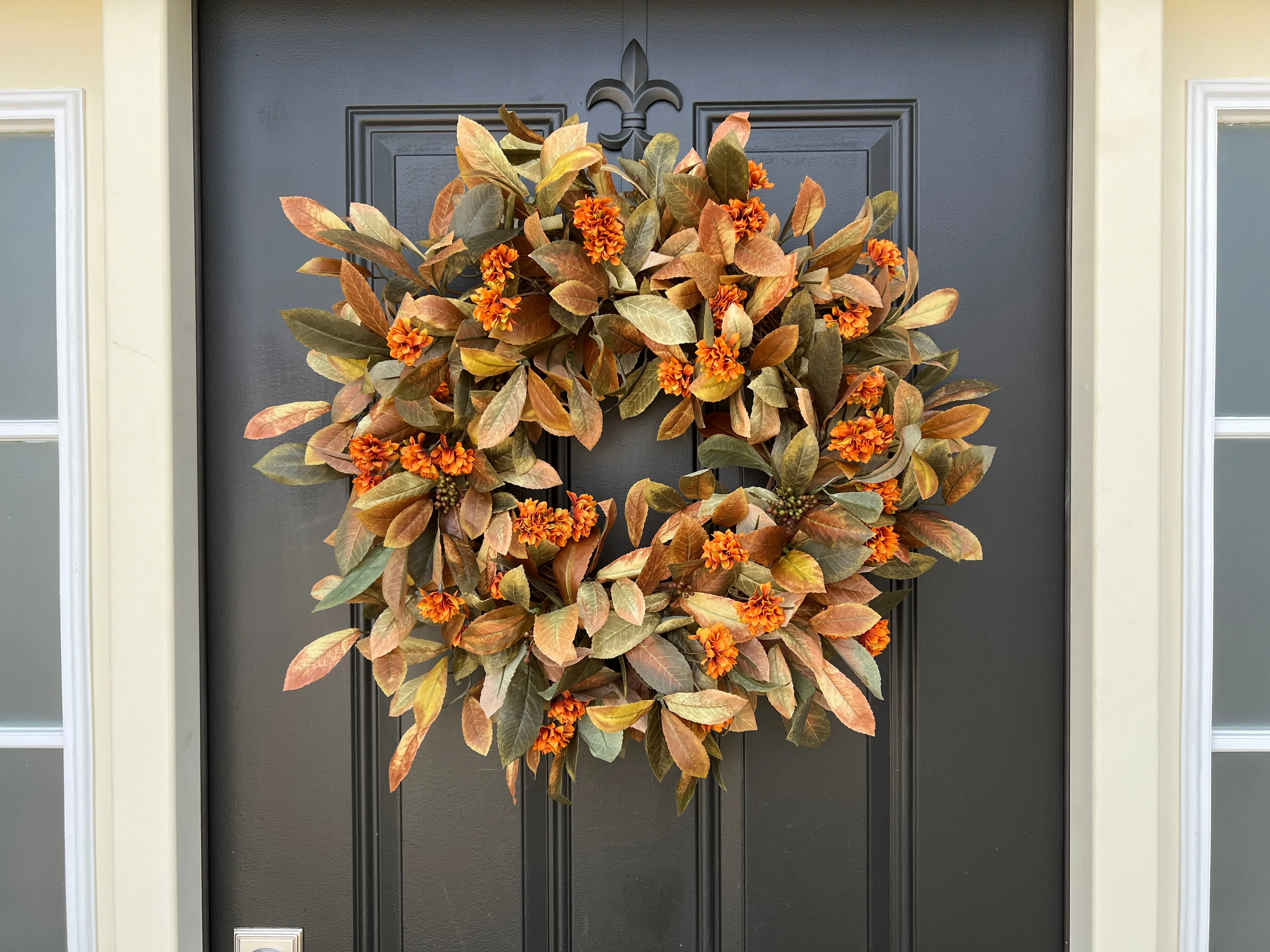 Fall Foliage and Orange Mum Wreath