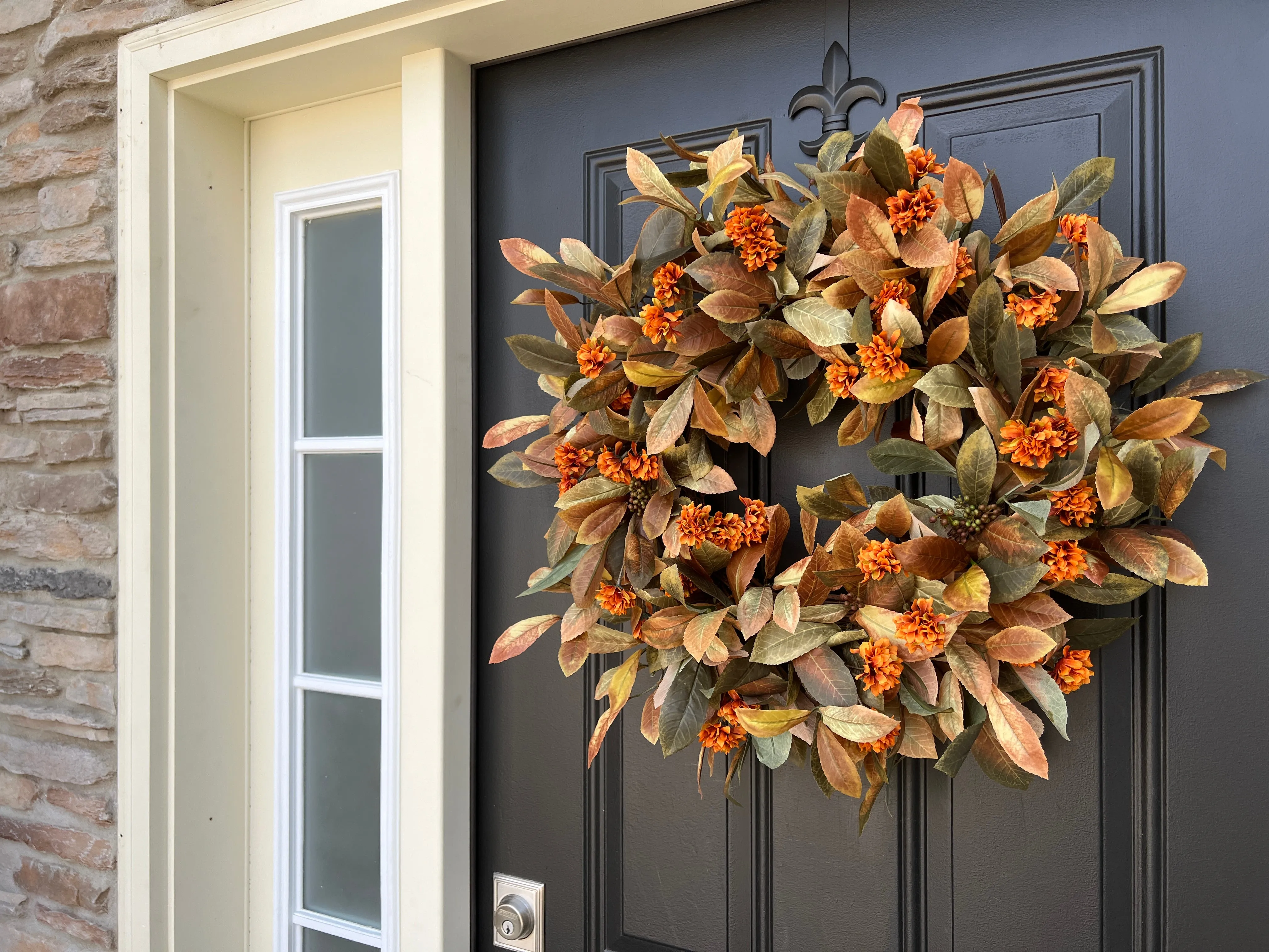 Fall Foliage and Orange Mum Wreath