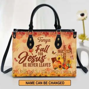 Fall For Jesus He Never Leaves Cardinal & Sunflower Leather Bag - Personalized Leather Bag With Handle for Christian Women