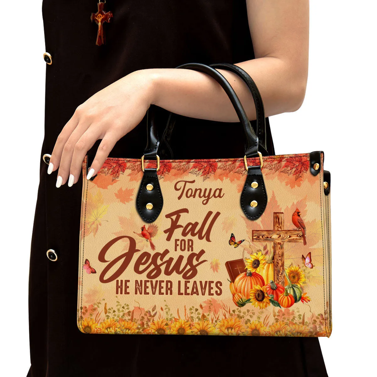 Fall For Jesus He Never Leaves Cardinal & Sunflower Leather Bag - Personalized Leather Bag With Handle for Christian Women