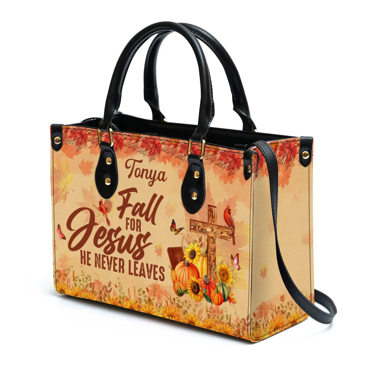 Fall For Jesus He Never Leaves Cardinal & Sunflower Leather Bag - Personalized Leather Bag With Handle for Christian Women