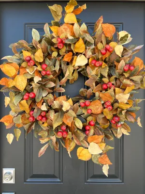 Fall Front Door Wreath with Fall Foliage and Orange Pods